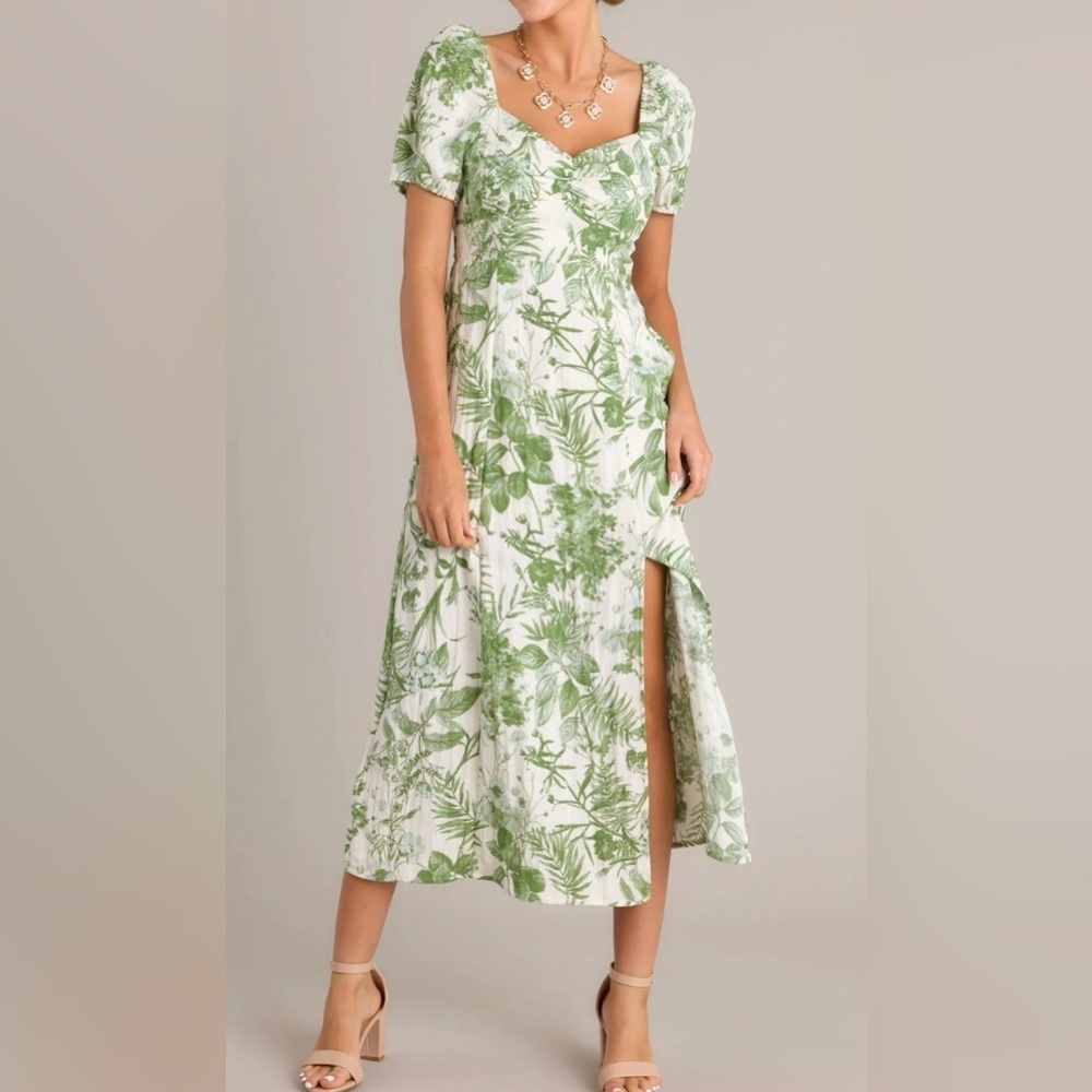 Sweet Wanderer White and Green Botanical Midi Dress